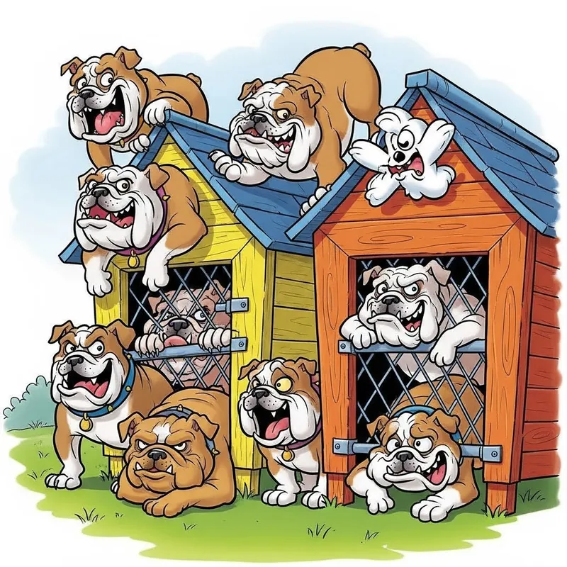 Cartoon Bulldogs with Kennel - Fun & Cute Designs