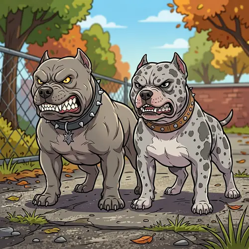 Angry Cartoon American Bullies: Gray Male & Spotted Female