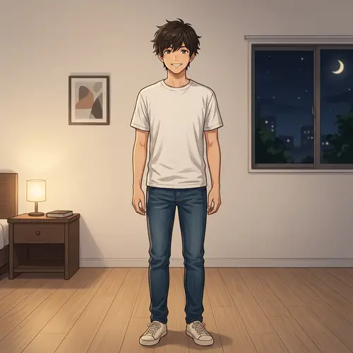 Friendly Anime Young Man Portrait in Minimalist Room