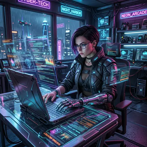 Futuristic European Woman Working Diligently in Cyberpunk Office