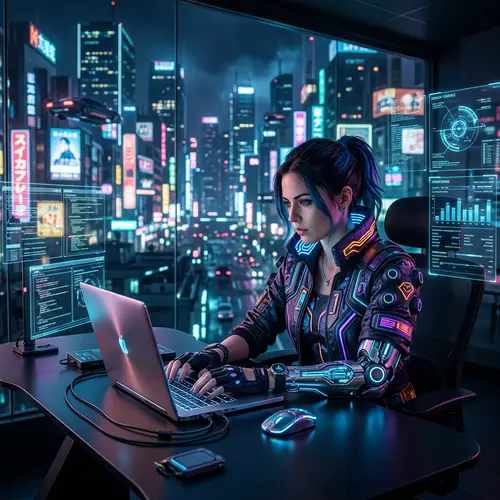 Futuristic Cyberpunk Woman in High-Tech Office | Sci-Fi Art