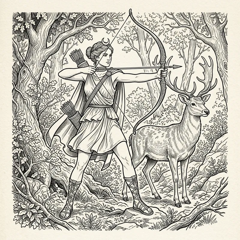 Artemis Line Drawing: Goddess with Bow and Deer Artemis Line Drawing: Goddess with Bow and Deer