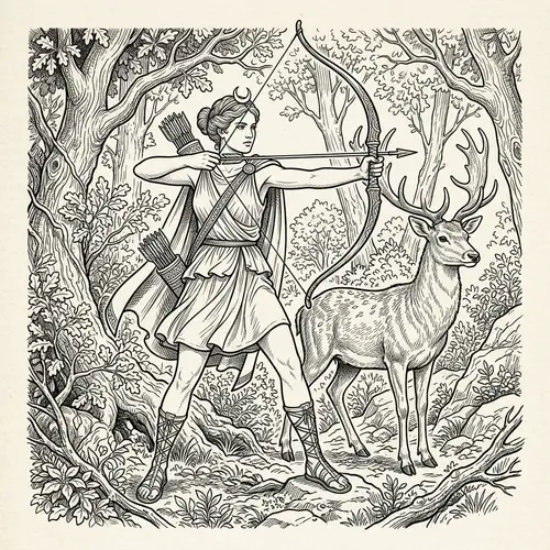 Artemis Line Drawing: Goddess with Bow and Deer