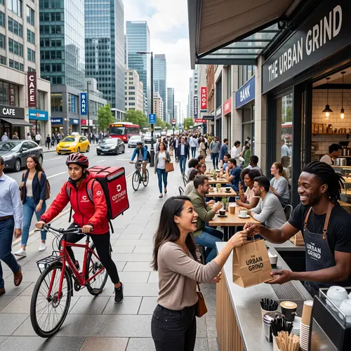 Modern Urban Cafe: Fast Delivery and Diverse Customers