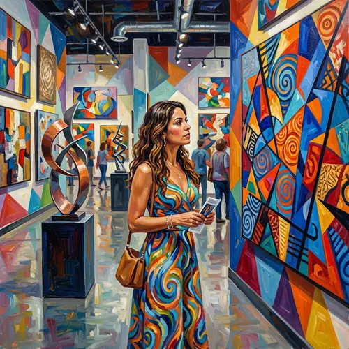 Vibrant Abstract Art Gallery: Hispanic Woman Admiring Modern Art