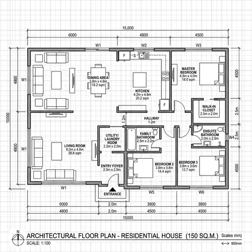 Detailed Architectural Layout of a 150 sqm Residential House
