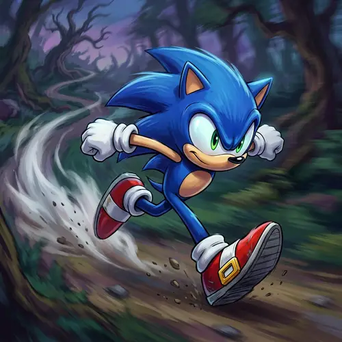 Blue Anthropomorphic Hedgehog Running Swiftly in Colorful Landscape