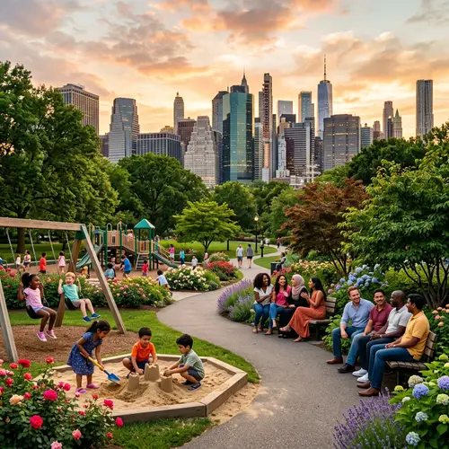 Urban Park Scene with Diverse Activities and Skyline View
