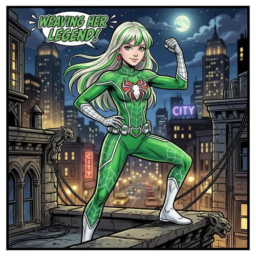 Pale Teenage Girl in Green Spider Web Jumpsuit | Heroic Pose