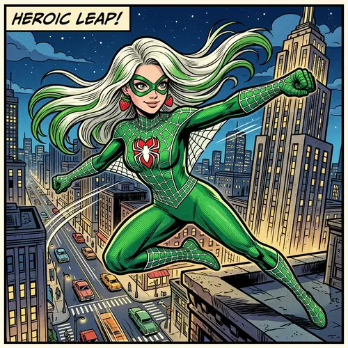 Green Spider Girl Comic Panel | Heroic Blonde Teenager
