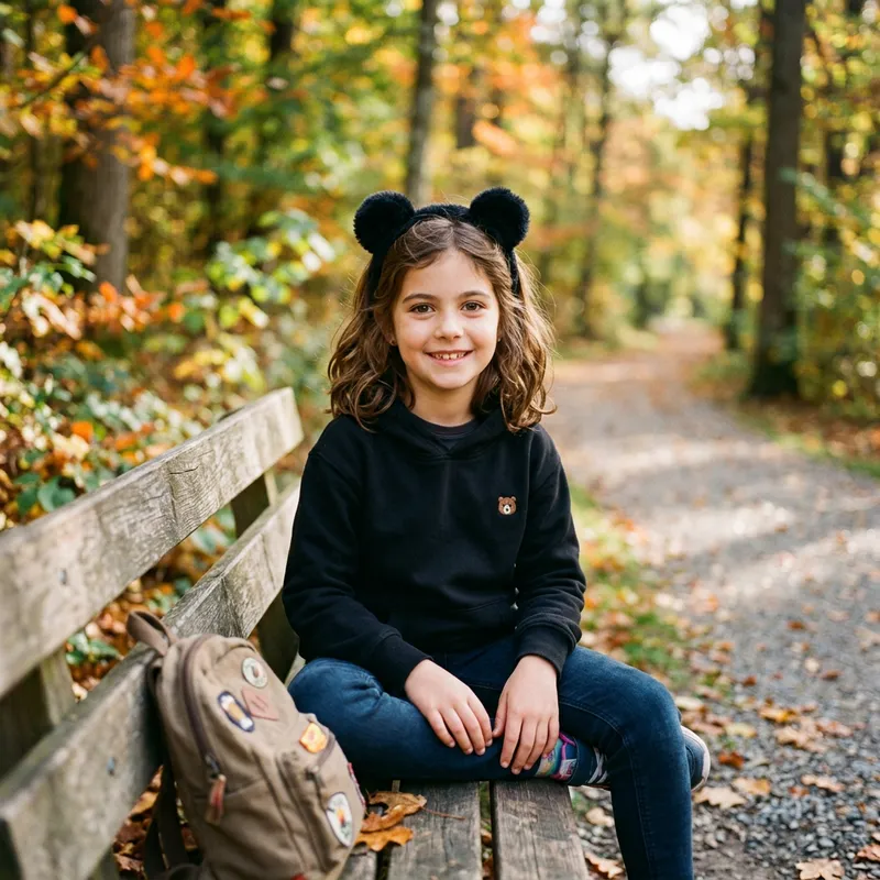 Adorable Girl with Black Bear Ears in Stylish Black Hoodie Adorable Girl with Black Bear Ears in Stylish Black Hoodie