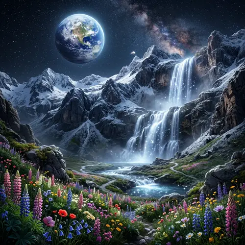 Lunar Waterfall in Majestic Mountain Range | Celestial Magic