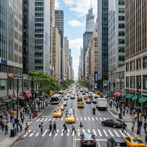 Cityscape Day View - Urban Skyline with Traffic and People
