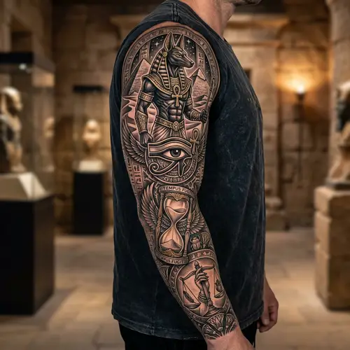 Stunning Egyptian Sleeve Tattoos with Anubis & Ra