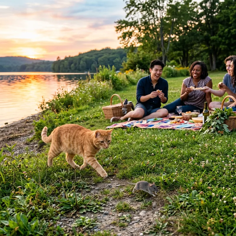 Adorable Cat Chasing Mice by Lake, Lakeside Picnic Scene
