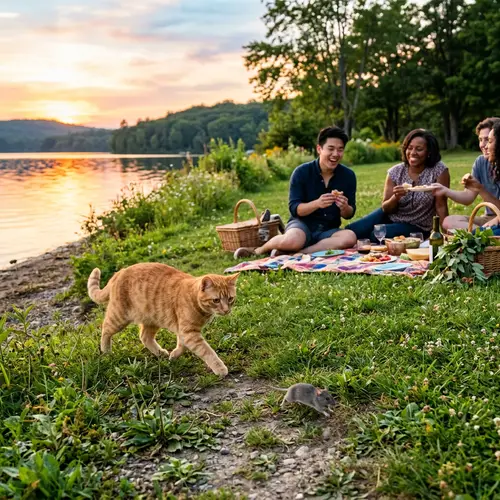 Captivating Scene: Tabby Cat, Lakeside Picnic