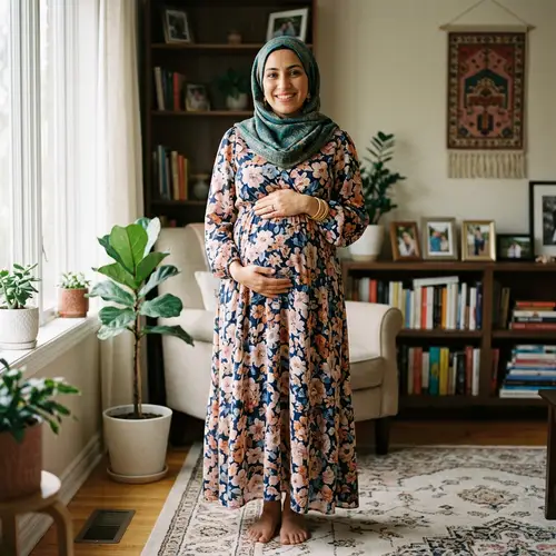 Middle-Eastern Woman in Hijab, Floral Dress, and Pregnancy