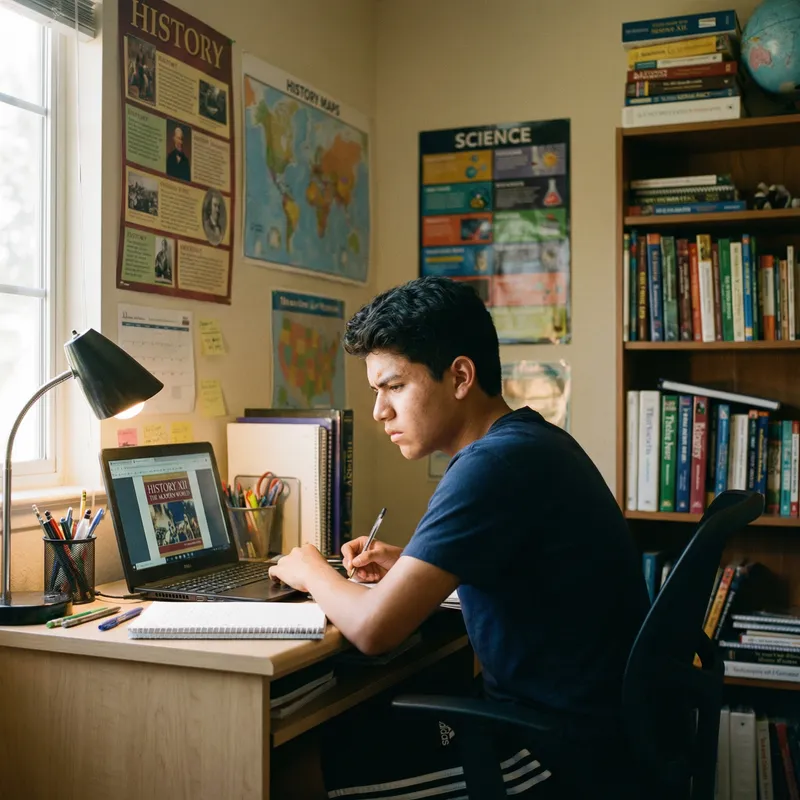 Teenage Boy Studying History XII on Computer Desk Teenage Boy Studying History XII on Computer Desk