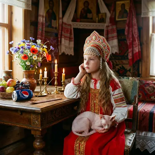 Traditional Russian Girl in Kokoshnik | Introspective Scene with Cat