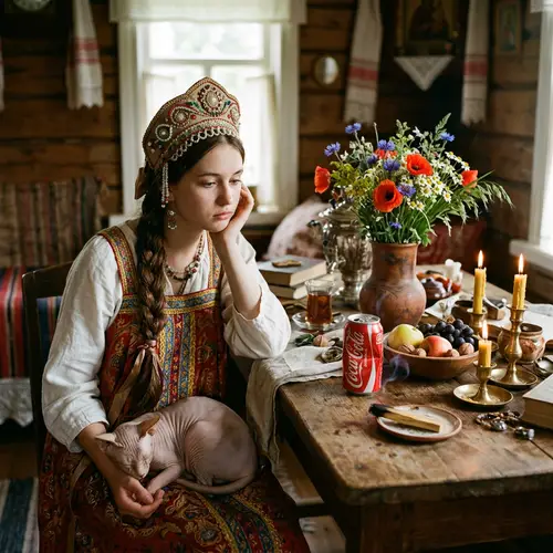 Russian Girl in Traditional Attire on Decorated Table