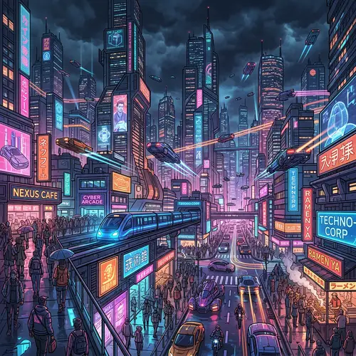 Futuristic Cityscape Nightscape | Cyberpunk Skyscrapers & Flying Vehicles