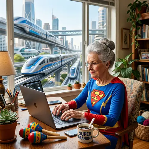 Gray-Haired Superhero Grandmother at Laptop with Futuristic Locomotives View