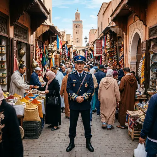 Moroccan Police Officer in Vibrant Marrakech Marketplace