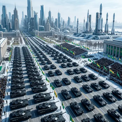 Futuristic Black Tanks Military Parade in City Square