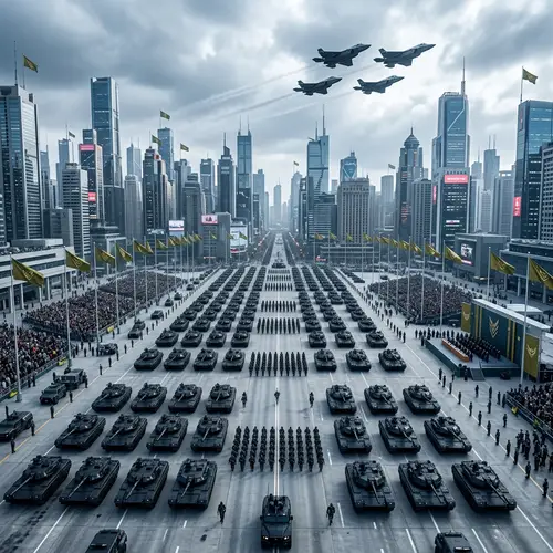 Futuristic Black Tanks Military Parade in City Square