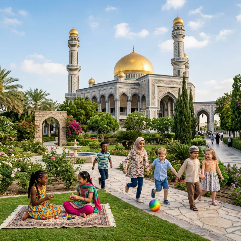 Happy Kids Playing in Tranquil Garden Near Stunning Mosque