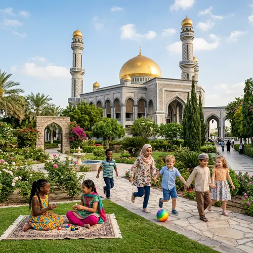 Diverse Kids Playing in Tranquil Garden Near Stunning Mosque