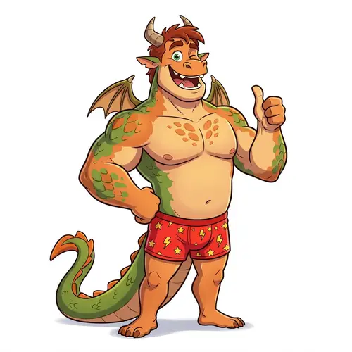 Charismatic Male Dragon Demi-Human in Playful Boxers | Cartoon Style