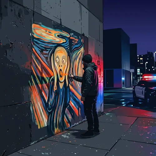 Street Artist at Night: Minimalist 'The Scream'