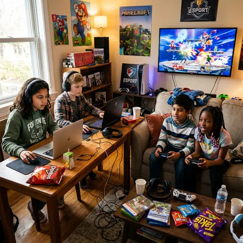 Diverse Kids Gaming Scene: Online Multiplayer Fun