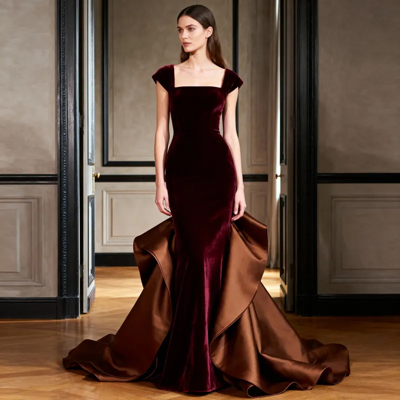 Elegant Brown Velvet Gala Dress Design