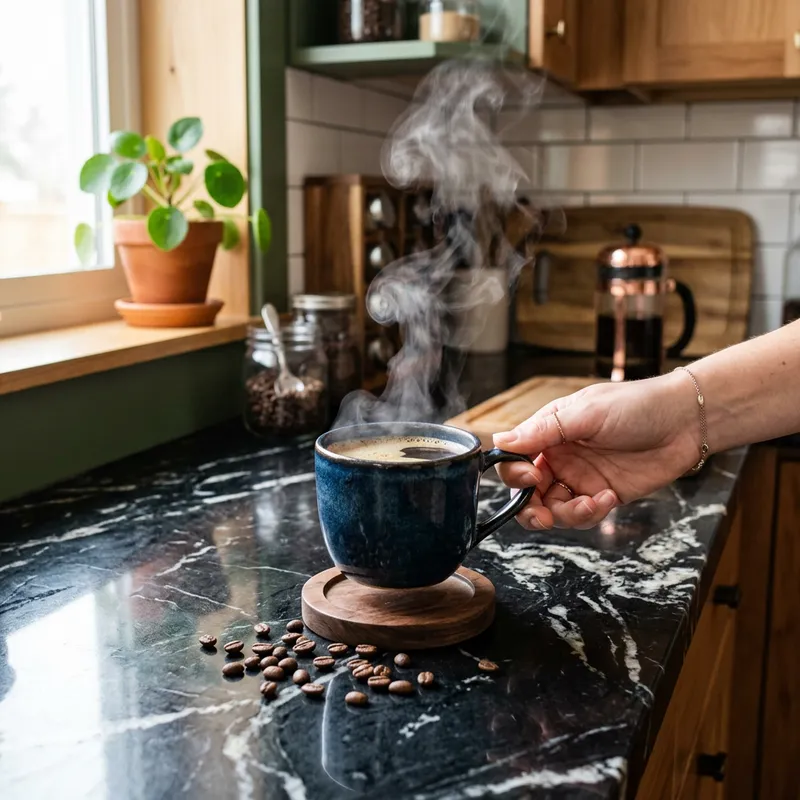 Hot Coffee on Stylish Black Marble Countertop in Contemporary Apartment Kitchen Hot Coffee on Stylish Black Marble Countertop in Contemporary Apartment Kitchen