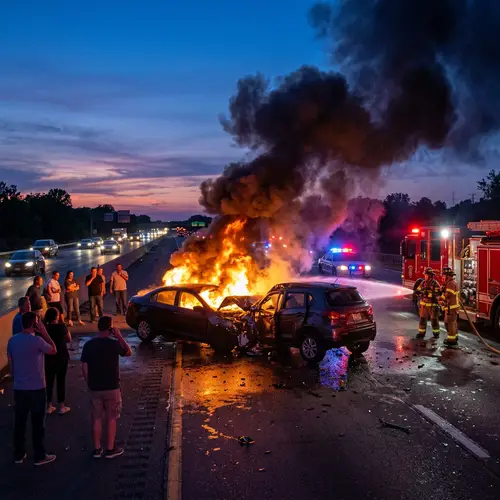 Twilight Collision: Dramatic Scene of Fire and Rescue