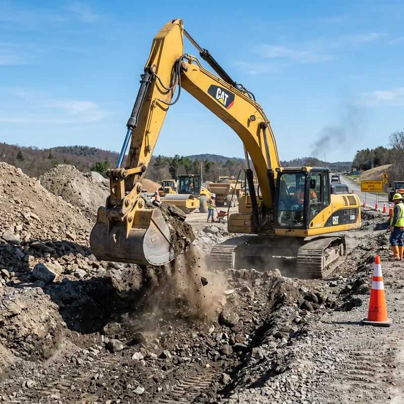 Excavator in Action on Road Construction