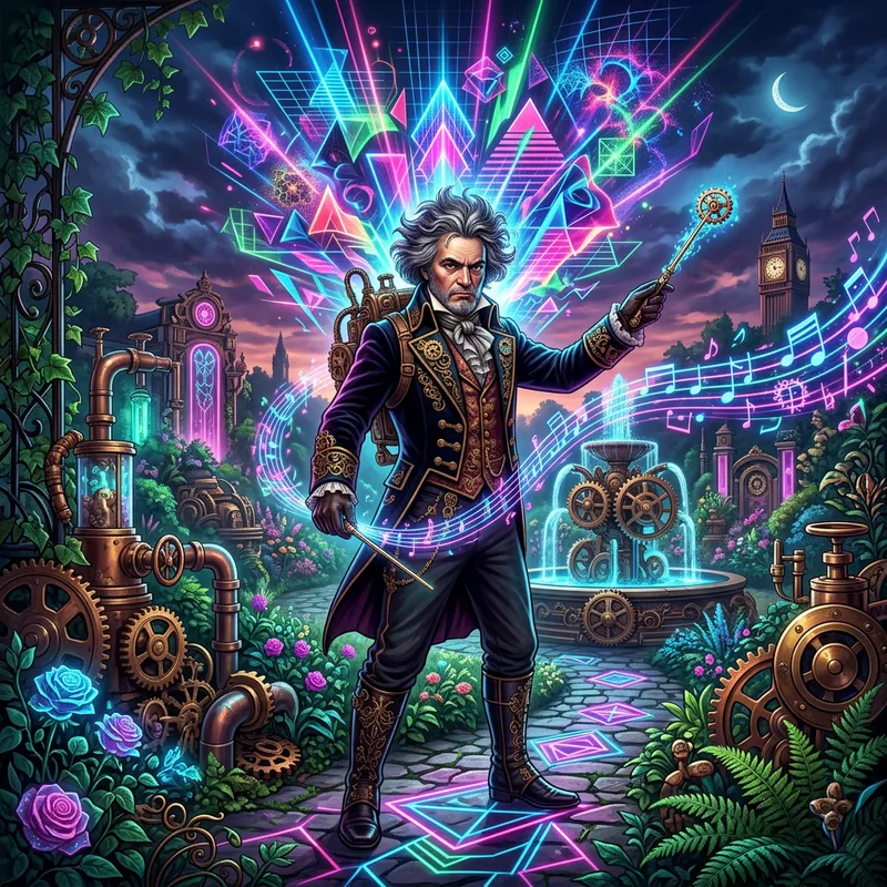 Steampunk Synthwave Fusion of Beathoven in Lush Garden
