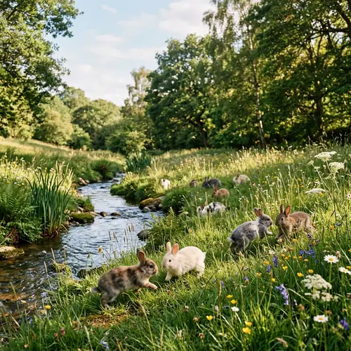 Tranquil Meadow: Frolicking Bunnies in Idyllic Landscape