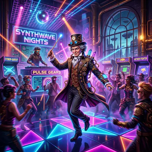 Steampunk Synthwave Composer | Neon Dancefloor Scene