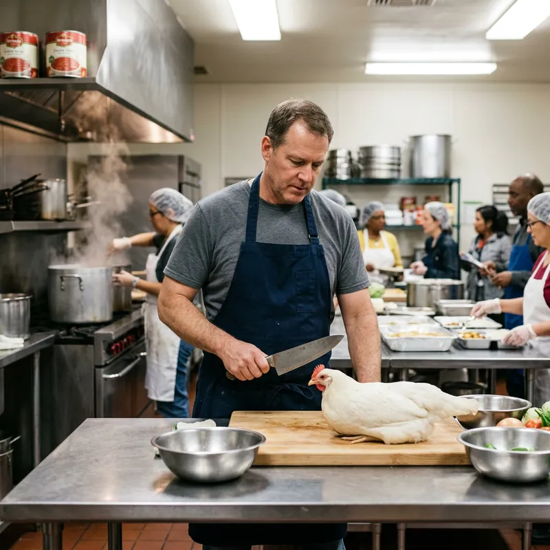 Expert Chef Crafting Chickenburger With Knife in Soup Kitchen