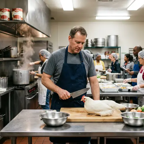 Professional Chef Preparing Fresh Chicken Burger in Soup Kitchen