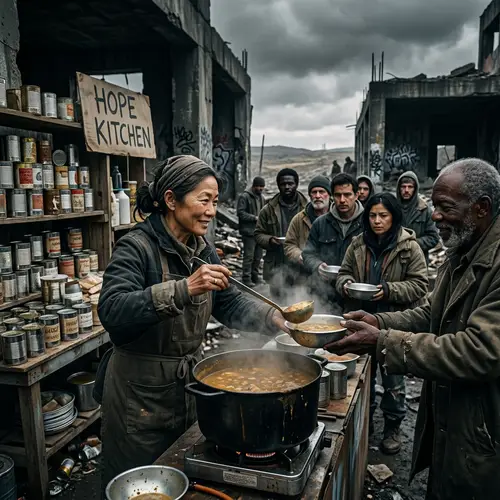 Dystopian World: Asian Woman Inspires Hope with Soup Kitchen