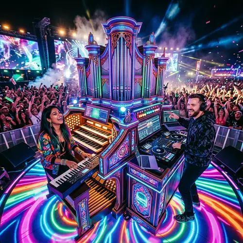 Extravagant Music Organ on DJ Stage with Swirling Colors