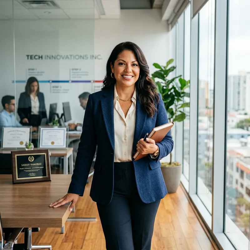 Accomplished Spanish Woman in Modern Office Portrait