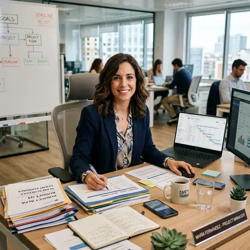 Confident Spanish Woman Project Manager Multitasking at Desk