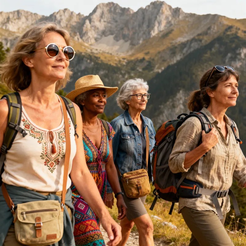 Diverse Women Walking Group in Mountain Scenery Diverse Women Walking Group in Mountain Scenery