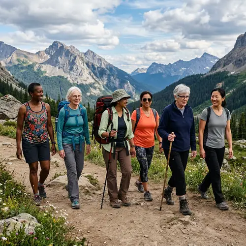 Diverse Women Walking Group in Mountain Scenery