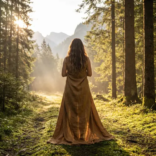 Elegant Young Woman in Forest at Sunrise